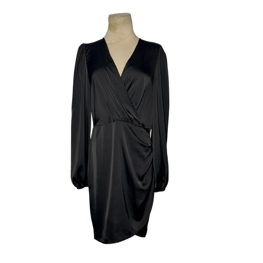 Shein black satin faux wrap long sleeves dress size large